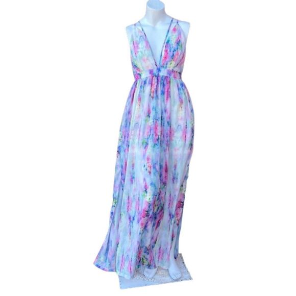 L'Atiste Pink Blue Tie Dye Strappy Low Cut Empire Waist Flowy Maxi Dress Small - Picture 1 of 8